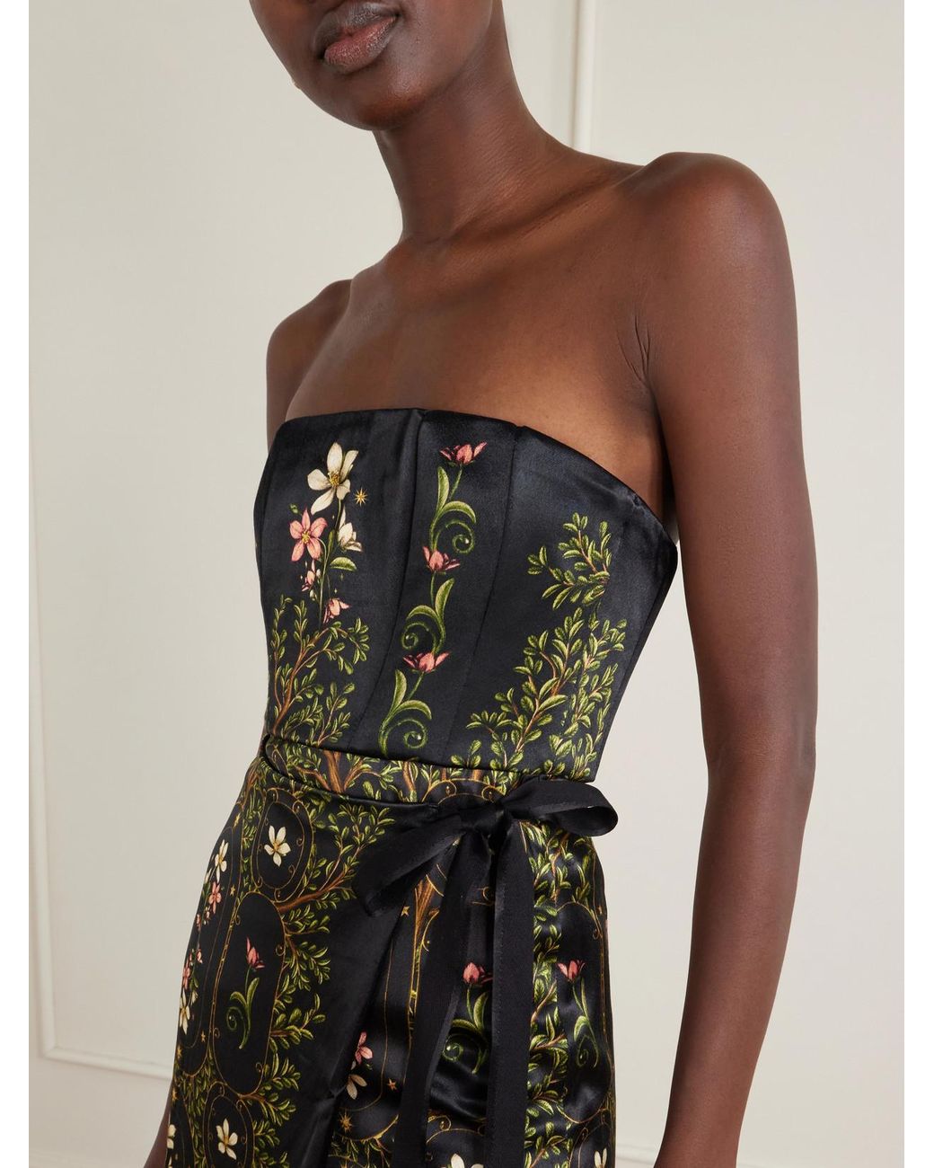 Agua Bendita Black Floral-Print Embellished Satin Midi Dress