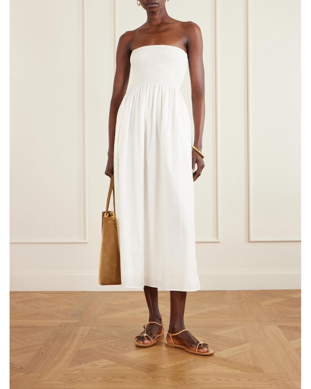 Faithfull The Brand White Jamie Strapless Shirred Cotton-Poplin Midi Dress