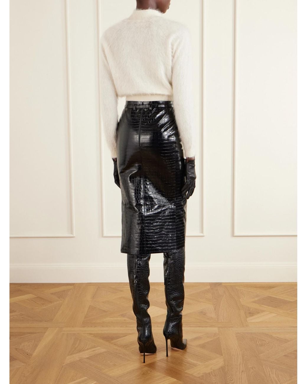 Tom Ford Black Belted Croc-Effect Leather Midi Skirt