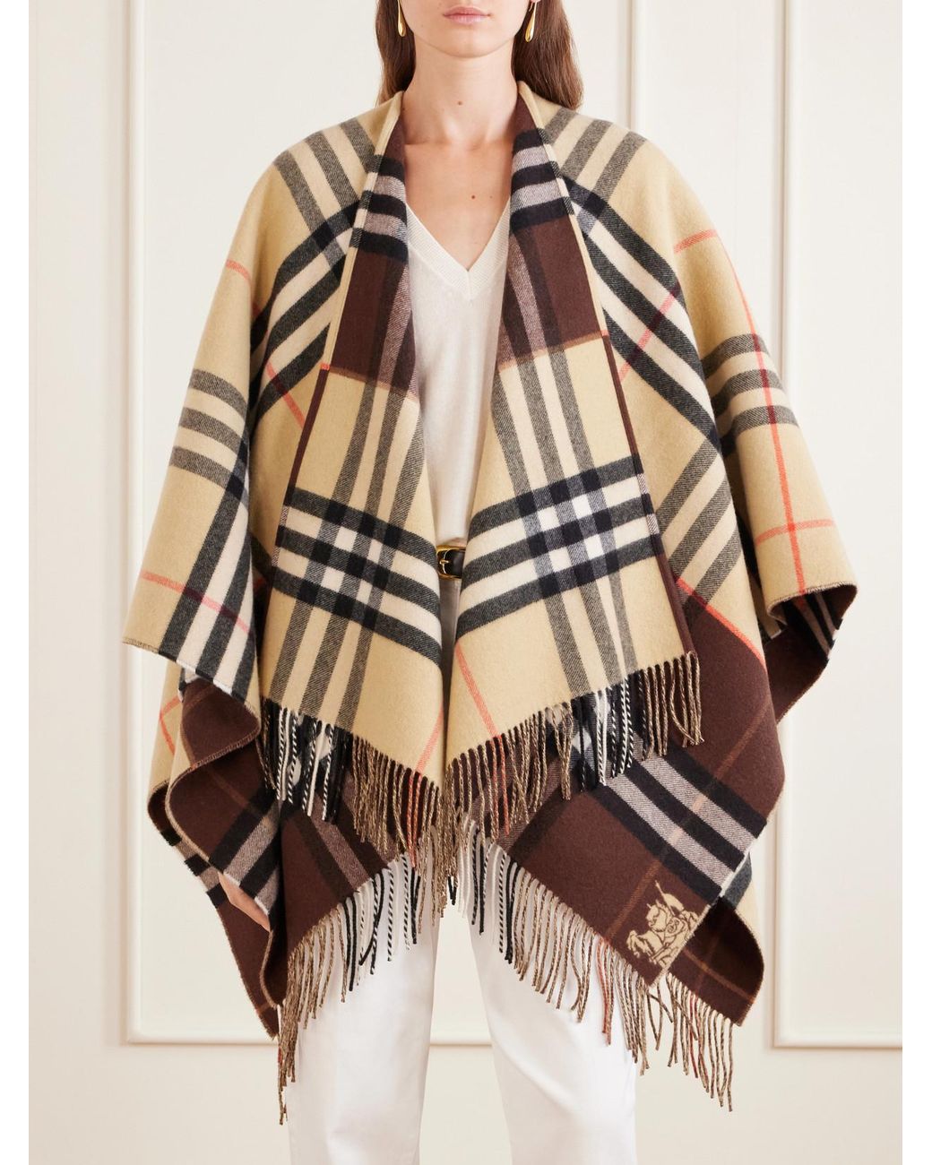 Burberry Brown Fringed Checked Cashmere And Wool-Blend Cape