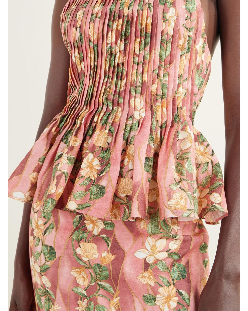 Agua Bendita Pink Caña Pleated Floral-Print Linen-Woven Halterneck Blouse