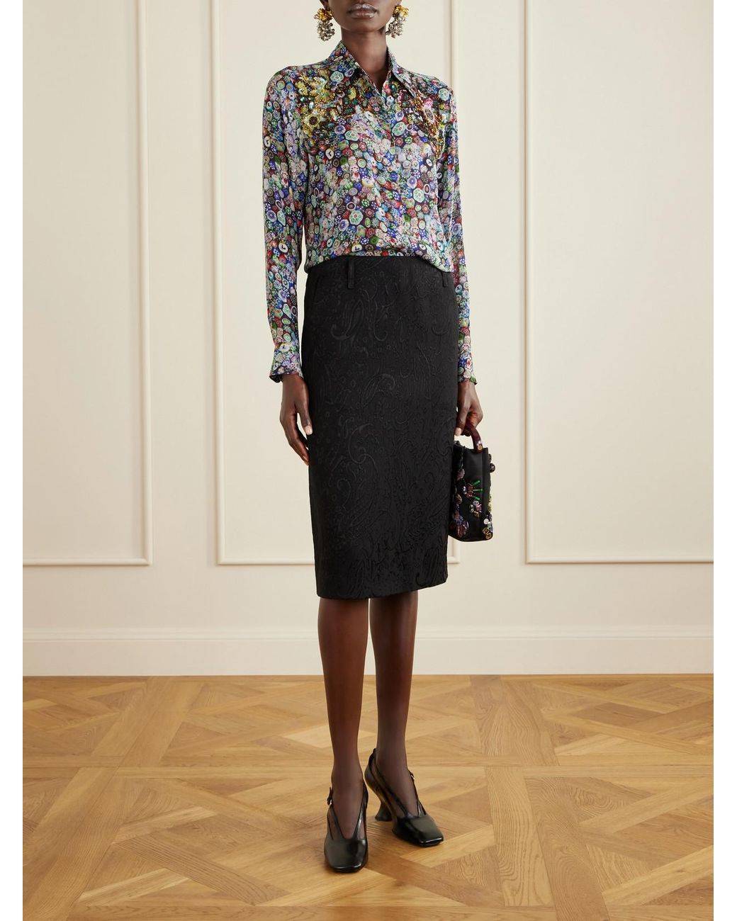 Dries Van Noten Black Paisley Motif Matelassé Jacquard Midi Skirt