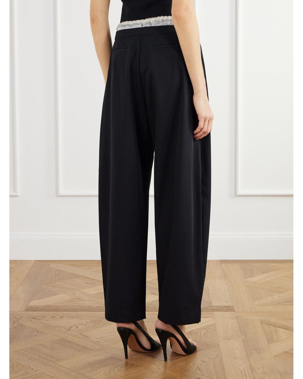 St. Agni Black Satin-Trimmed Wool-Twill Barrel-Leg Pants