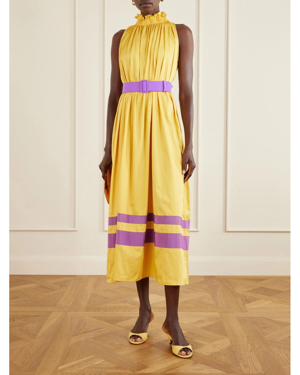 Marta Ferri Yellow Camogli Belted Ruched Grosgrain-Trimmed Cotton-Poplin Halterneck Midi Dress