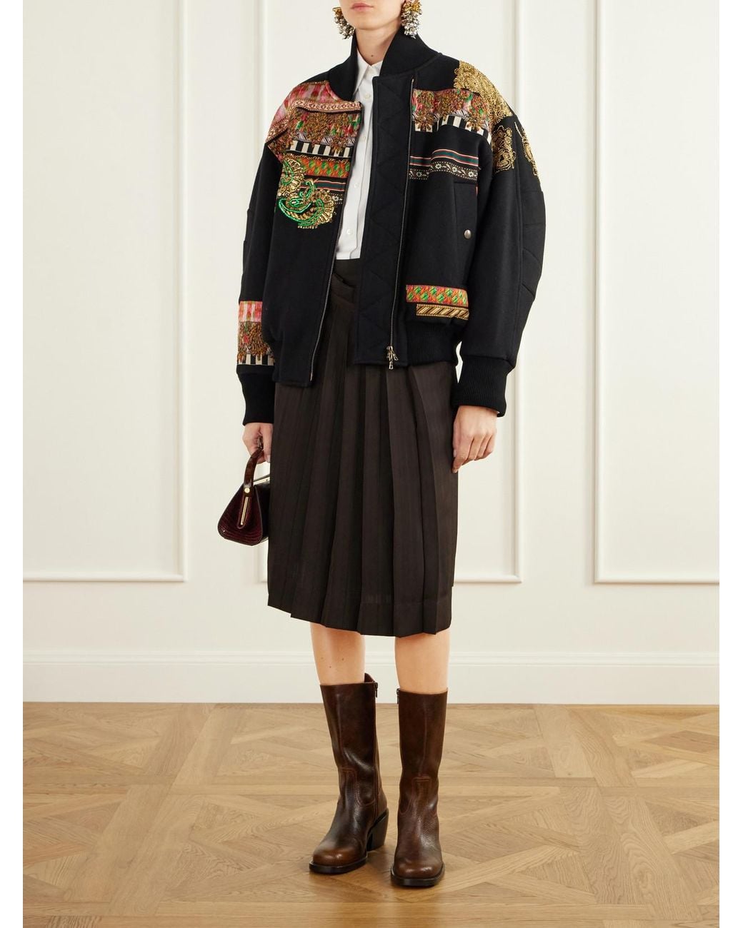 Dries Van Noten Black Embroidered-Embellished Rib-Trimmed Wool-Blend Twill Bomber Jacket