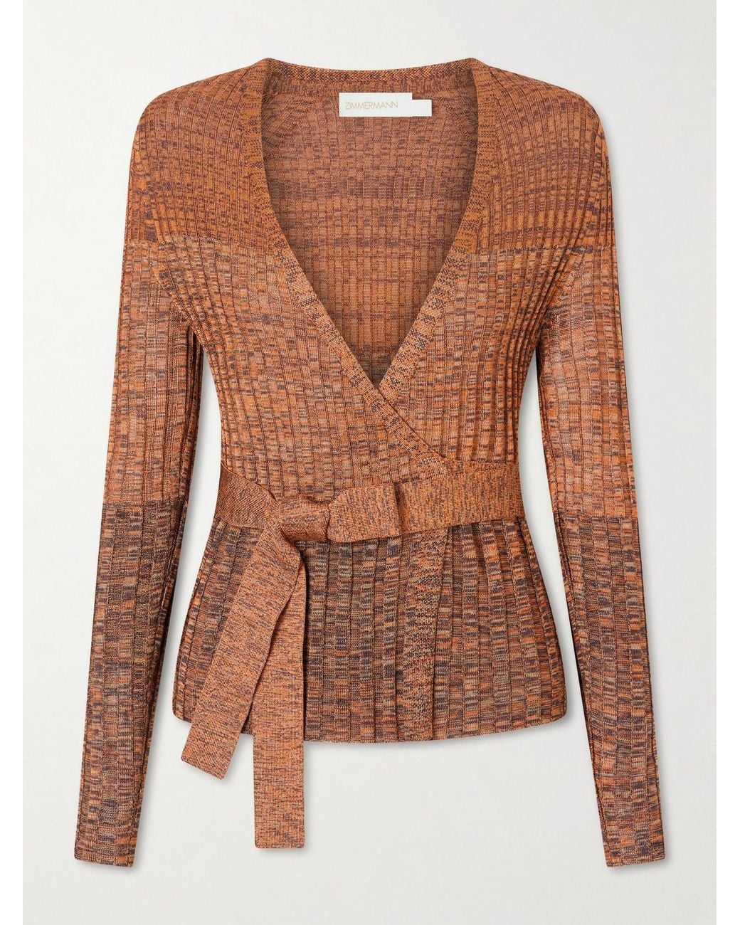 Zimmermann Brown Mouline Belted Ribbed-Knit Wrap Top