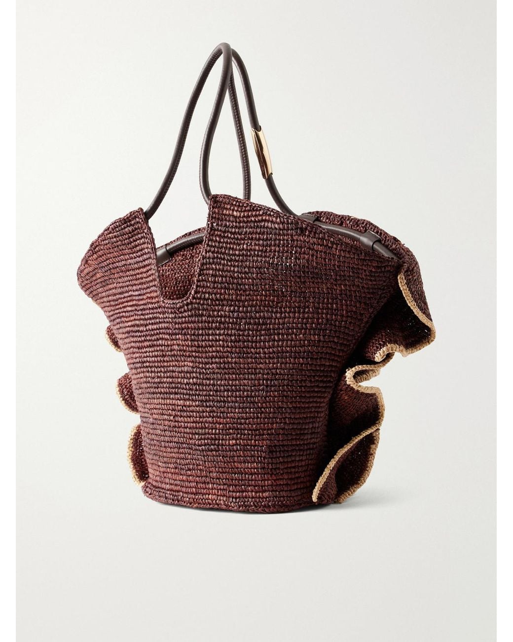 Zimmermann Brown Goldentime Ruffled Leather-Trimmed Raffia Medium Tote