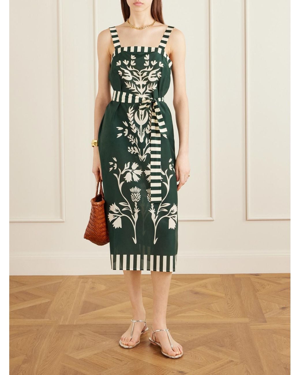 Eres Green Lakshya Belted Printed Cotton And Silk-Blend Midi Dress