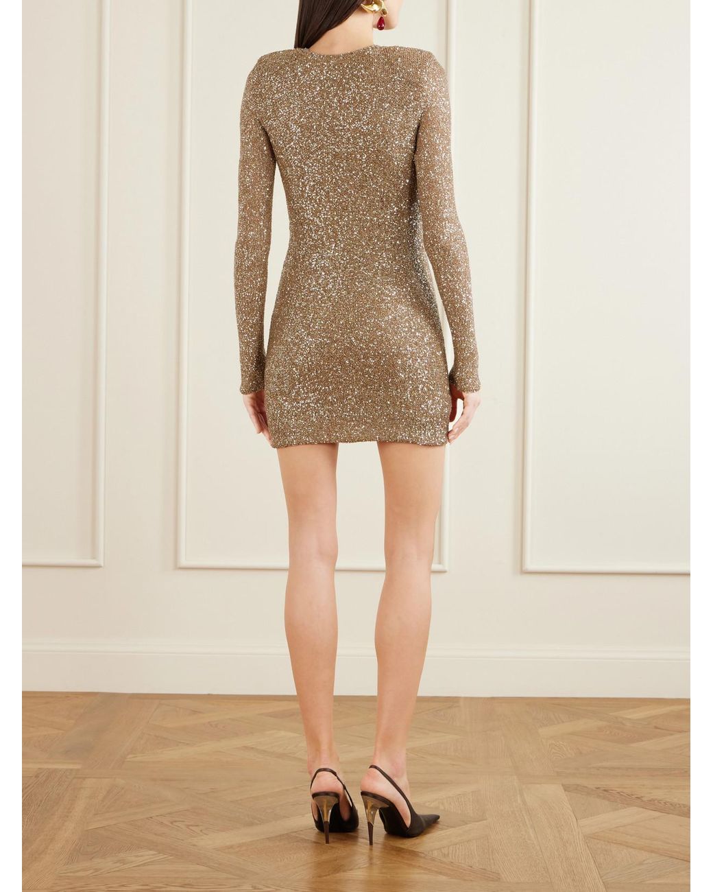 Saint Laurent Natural Sequined Knitted Mini Dress