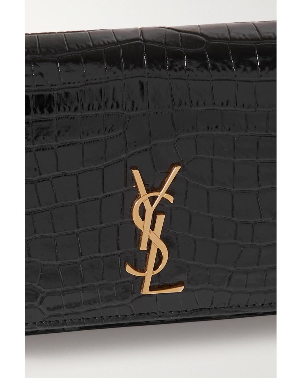 Saint Laurent Black Cassandre Strap Glossed Croc-Effect Leather Phone Case