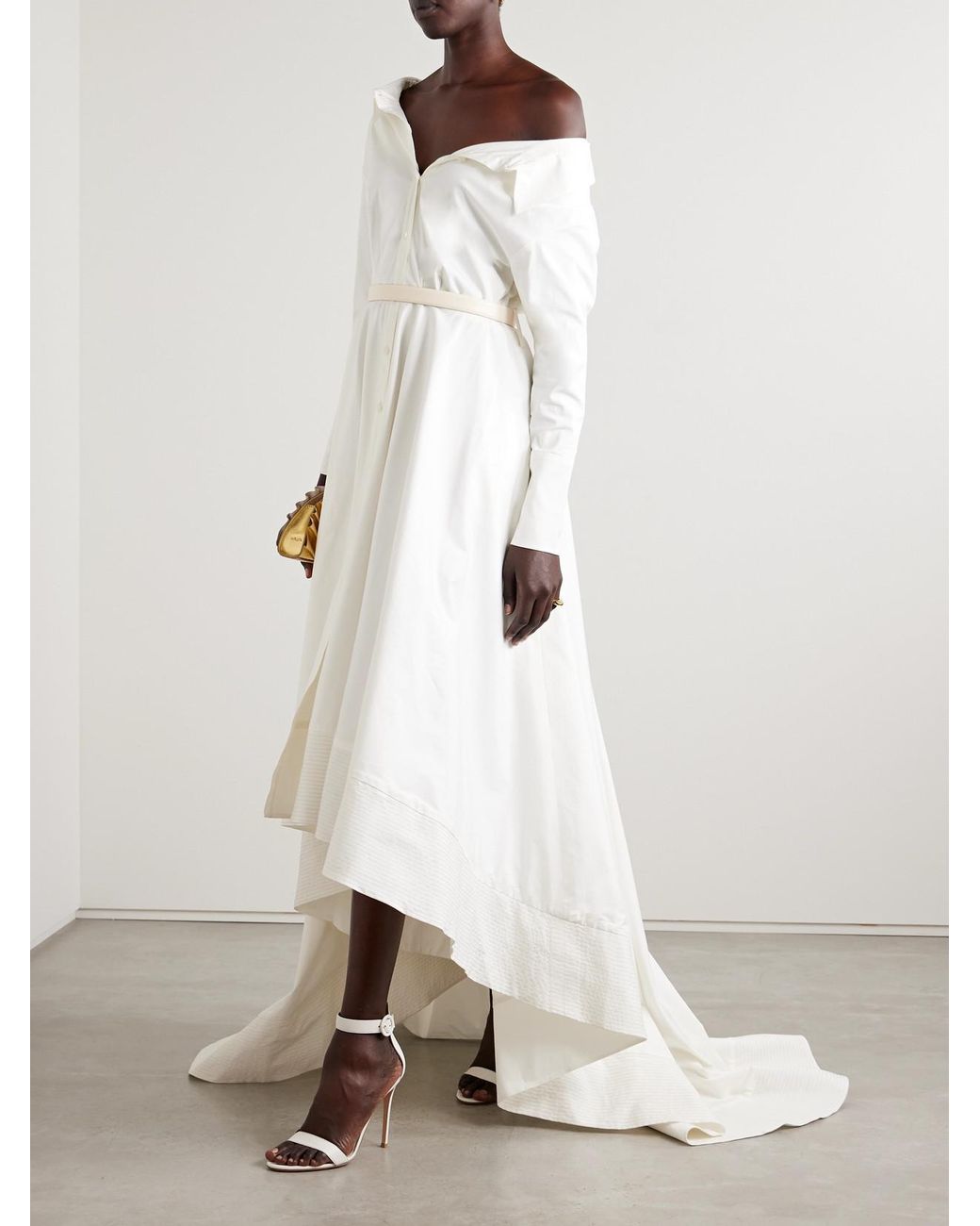 Danielle Frankel White Lou Off-The-Shoulder Cotton-Blend Poplin Gown