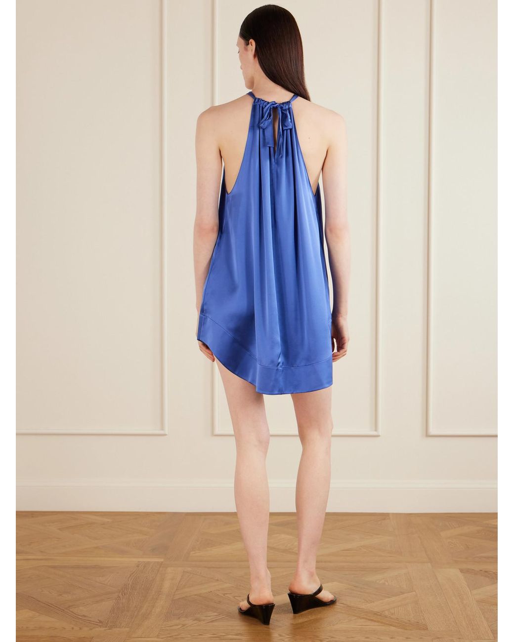 Aflalo Blue Bexley Gathered Silk-Satin Halterneck Mini Dress