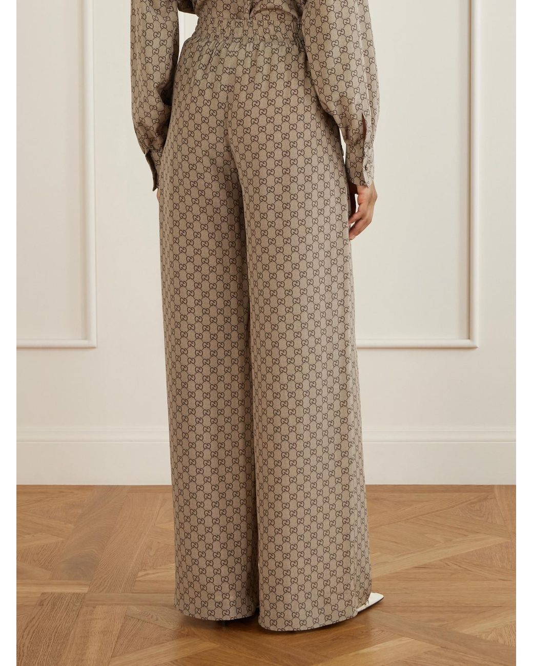 Gucci Natural Gg Supreme Printed Silk Wide-Leg Pants
