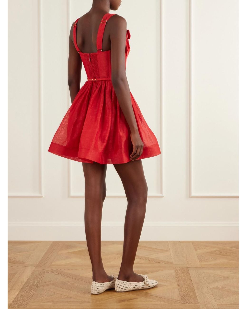 Zimmermann Red Clash Belted Bow-Detailed Linen And Silk-Blend Mini Dress