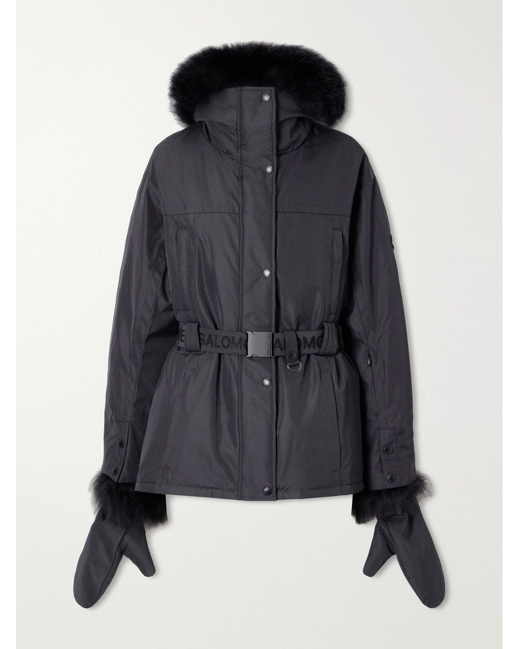 Yves Salomon Blue Belted Hooded Shearling-Trimmed Shell Ski Jacket