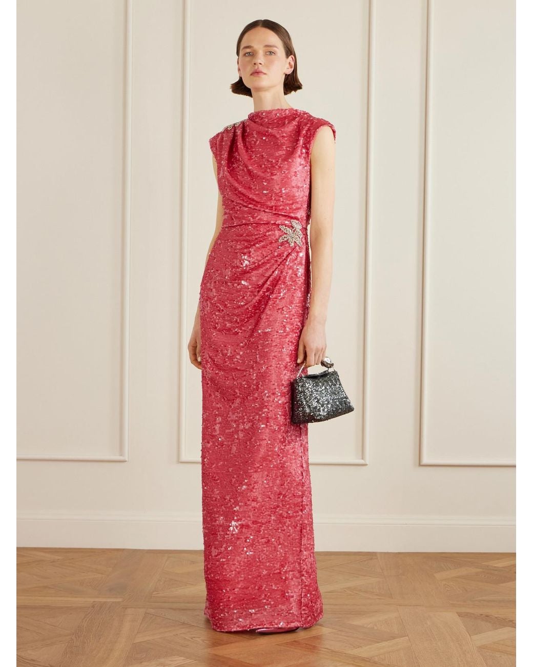 Erdem Red Draped Sequined Chiffon Gown