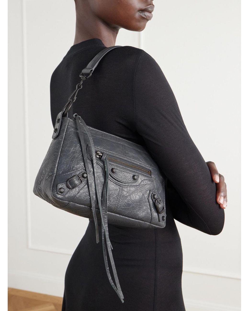 Balenciaga Gray Le City Moto Mini Crinkled-Leather Shoulder Bag