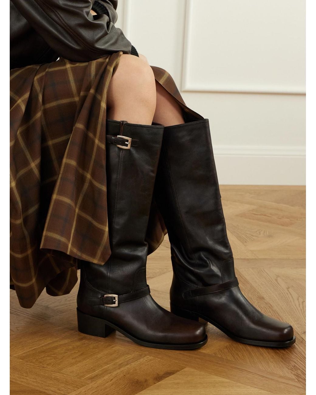 Staud Black Solid Color Leather Knee Boots