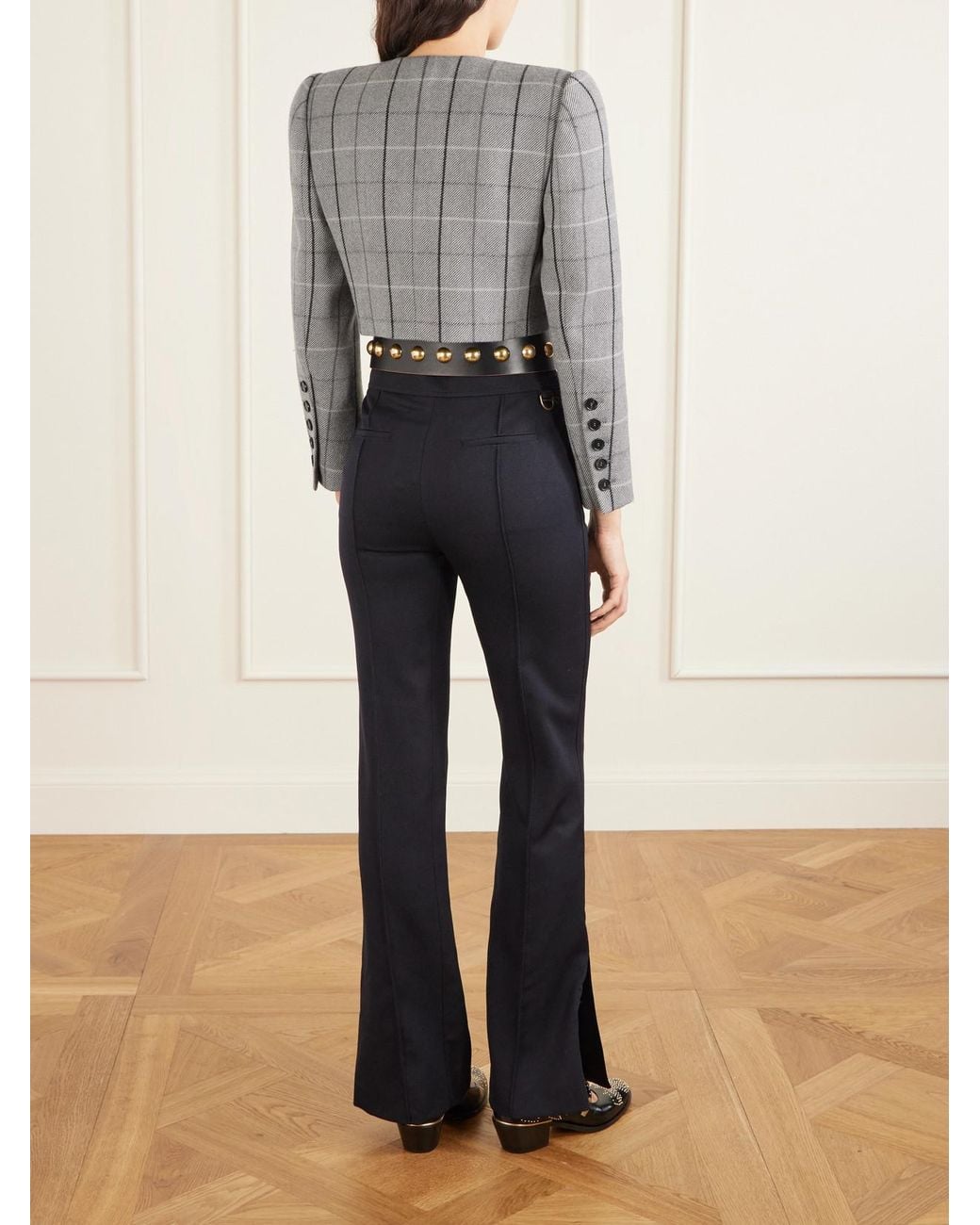 Chloé Gray Cropped Double-Breasted Checked Wool Jacket