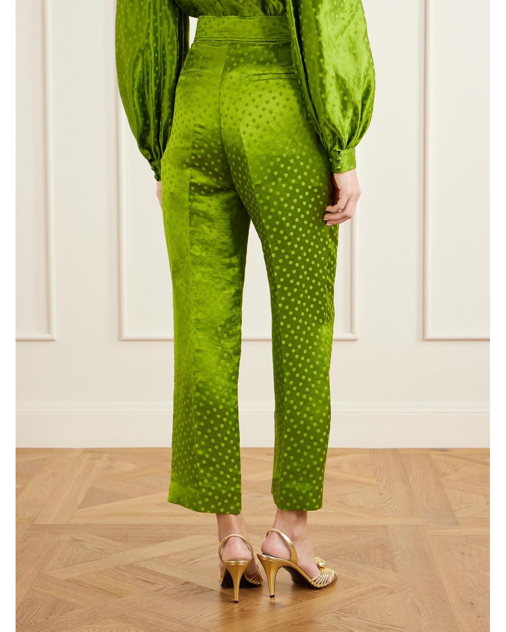 Valentino Garavani Green Polka-Dot Jacquard Linen And Silk-Blend Straight-Leg Pants