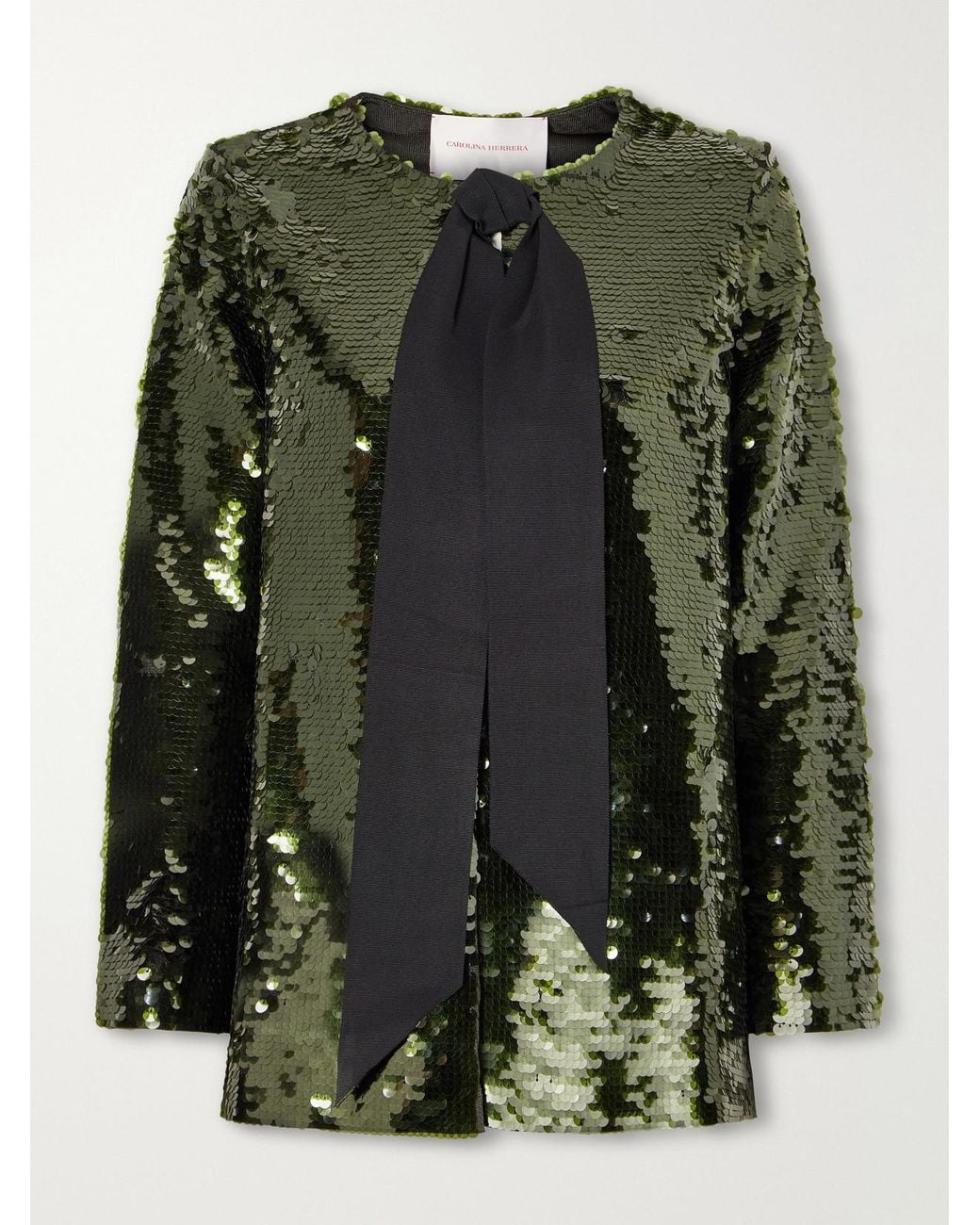 Carolina Herrera Green Bow-Detailed Sequined Knitted Cardigan