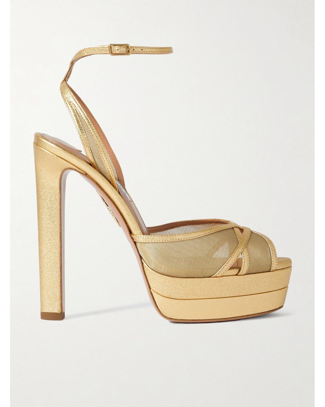 Aquazzura Shear Plateau 130 Metallic Leather-Trimmed Mesh