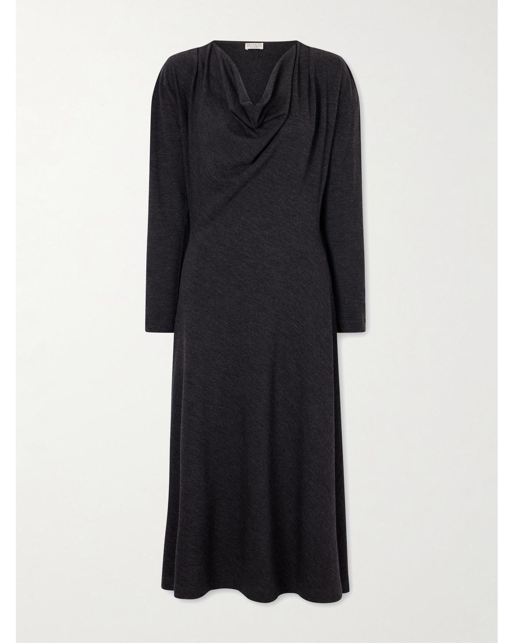 Brunello Cucinelli Black Draped Wool-Blend Jersey Dress