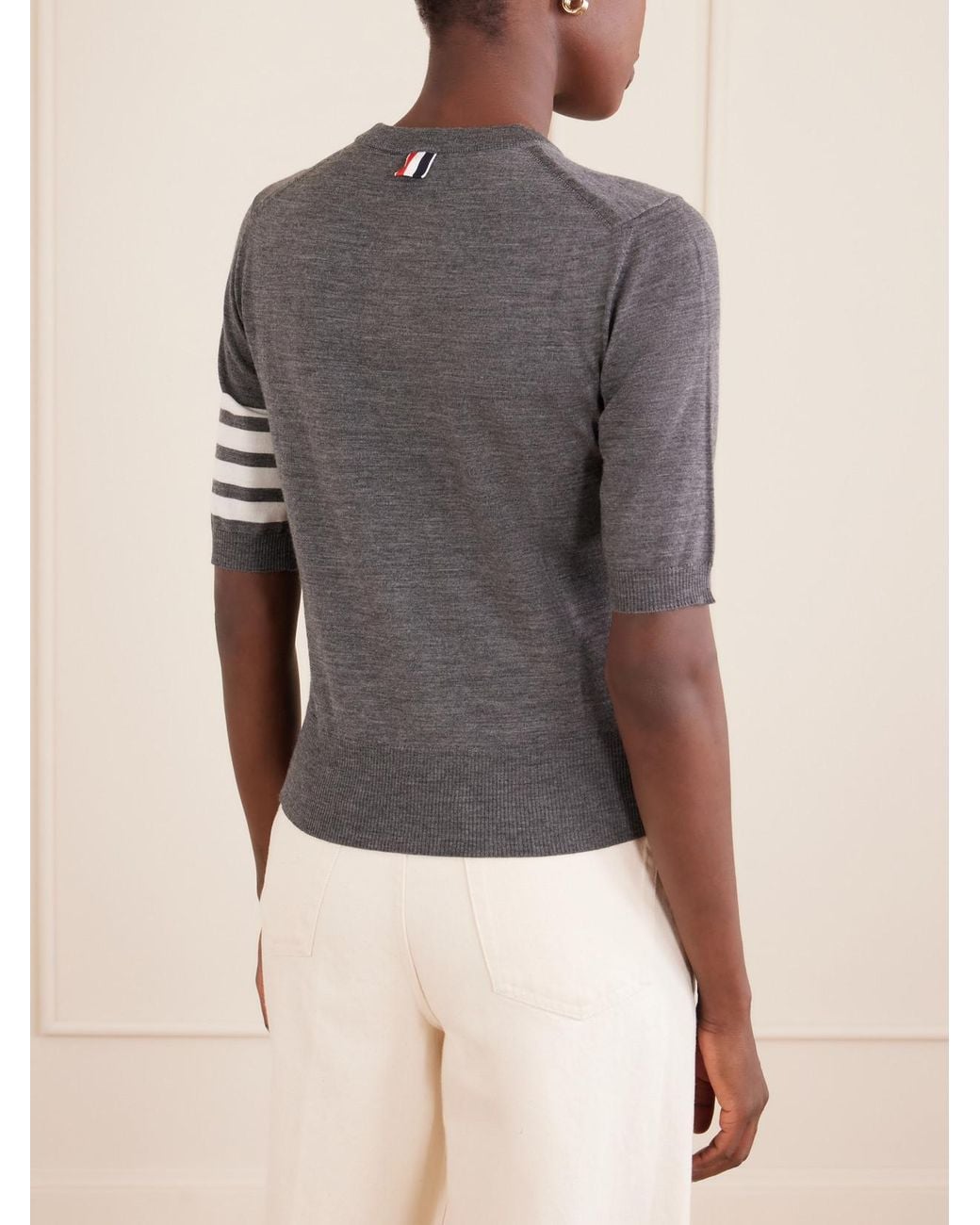 Thom Browne Gray Grosgrain-Trimmed Striped Wool-Blend Sweater