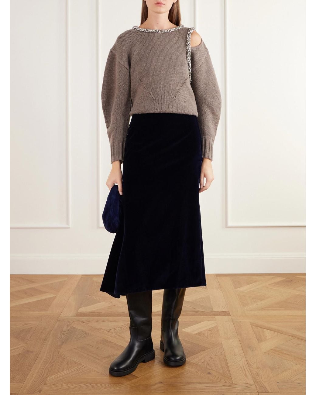 Erdem Blue Draped Asymmetric Cotton-Velvet Midi Skirt
