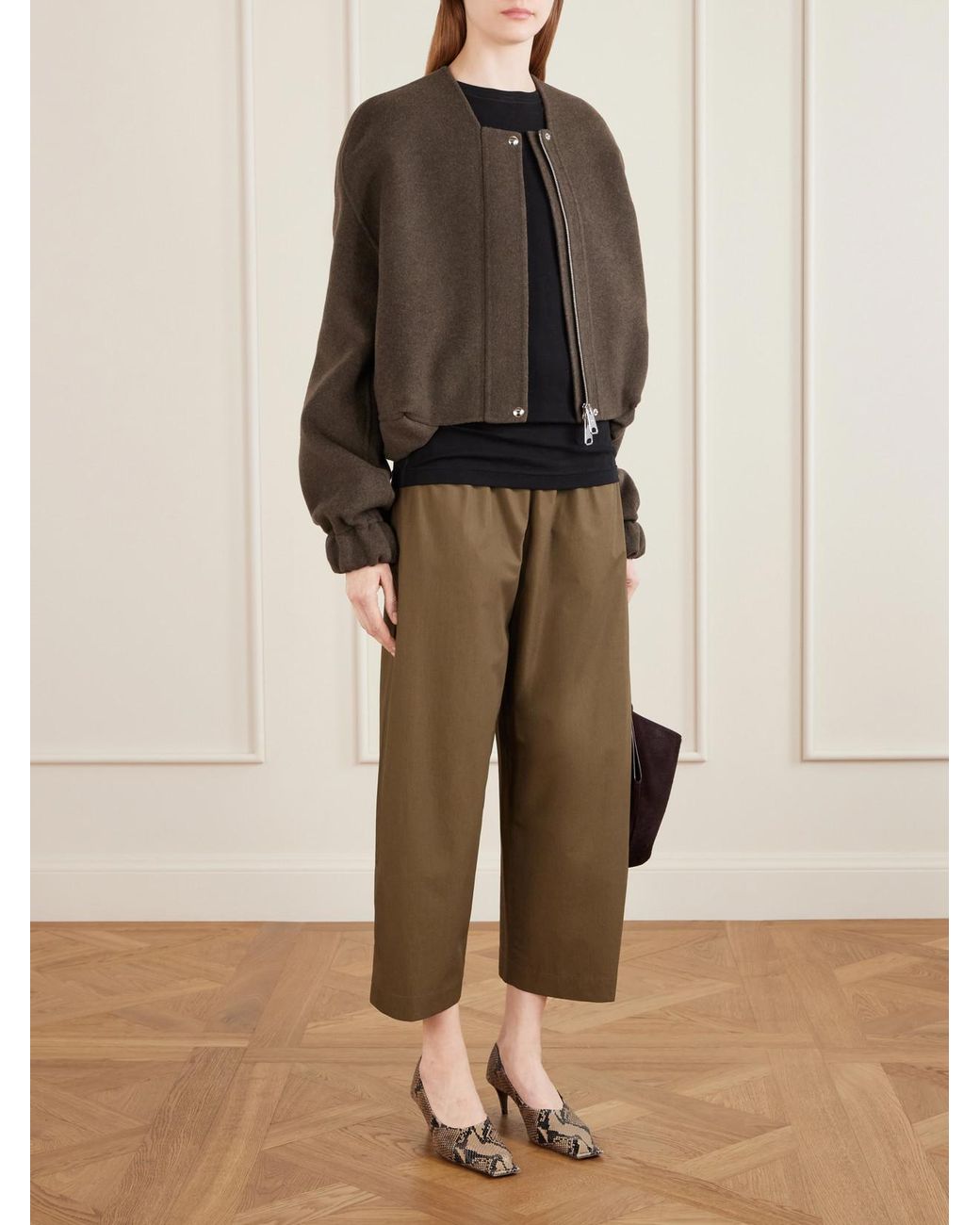 Khaite Brown Cordan Cropped Wool Bomber Jacket
