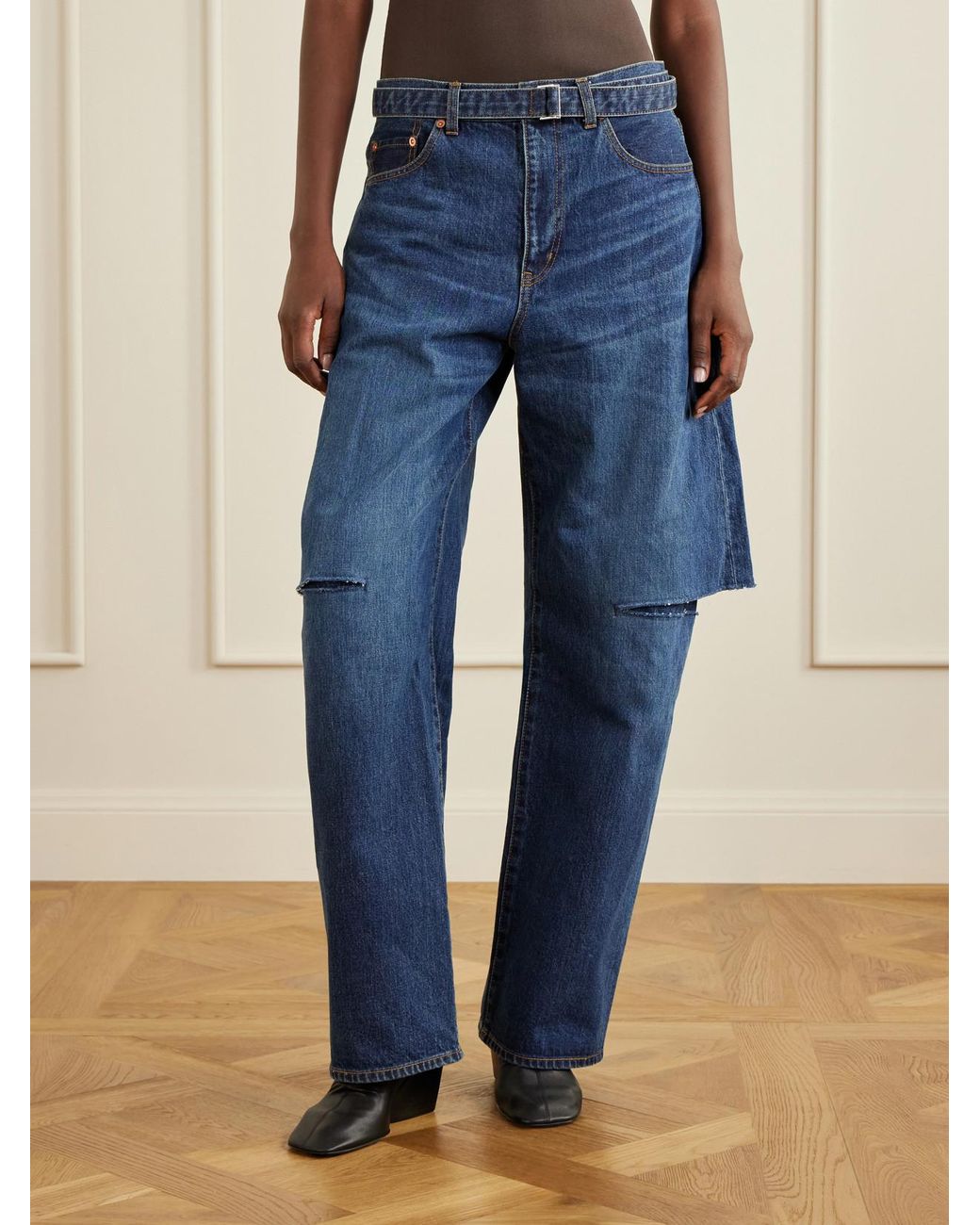 Sacai Blue Belted Cut-Out Mid-Rise Wide-Leg Jeans