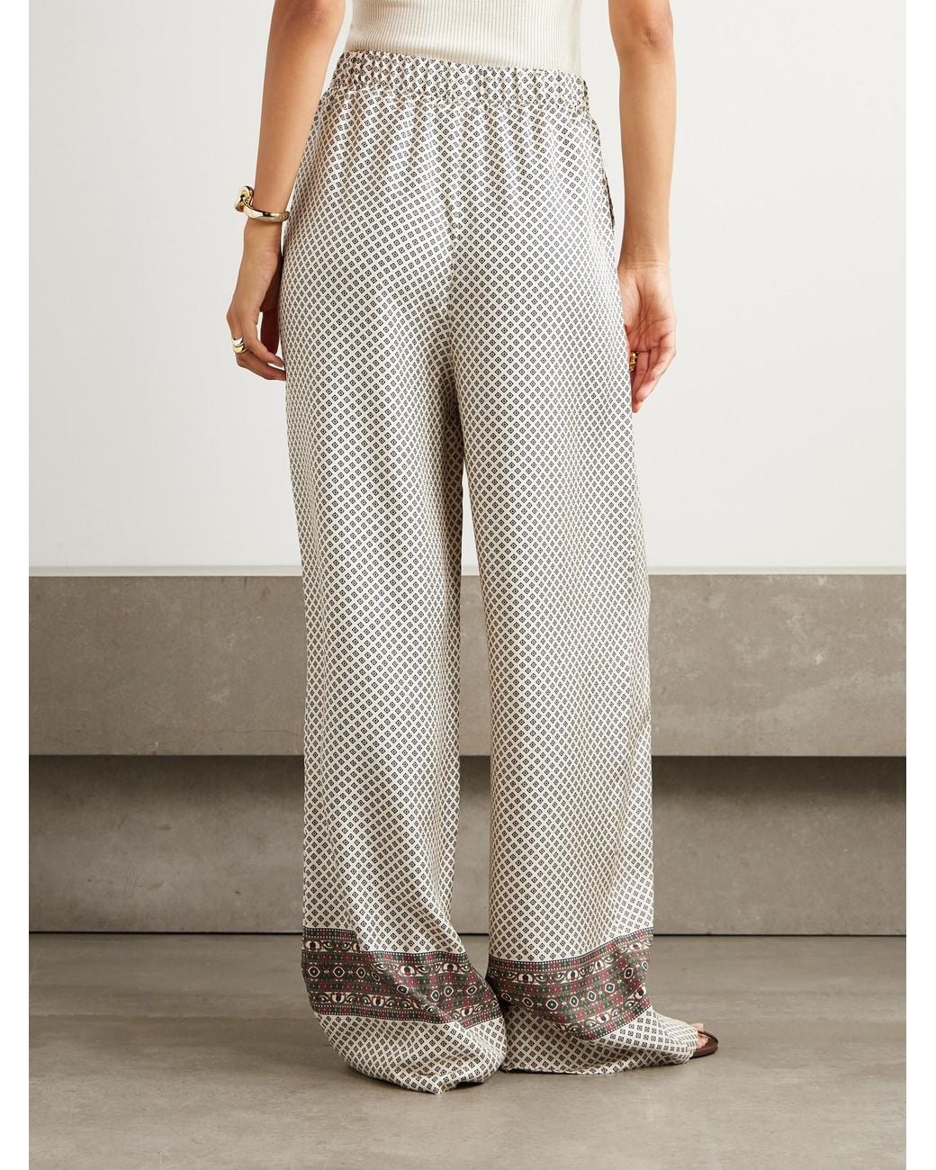 Loro Piana White Valerio Printed Silk-Twill Wide-Leg Pants