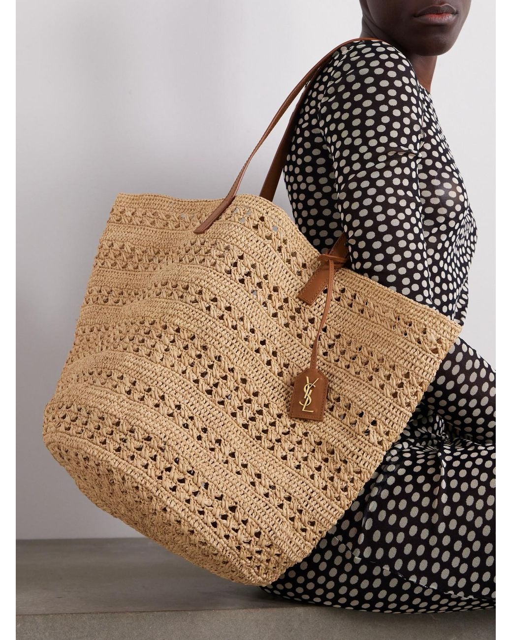 Saint Laurent Natural Panier Medium Leather-Trimmed Raffia Tote