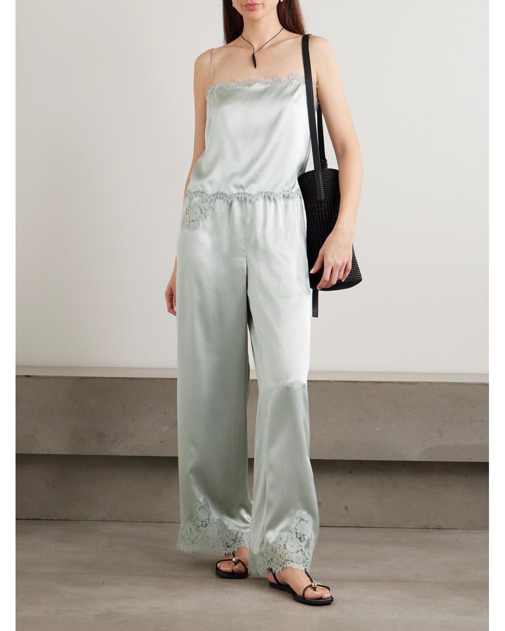 Doen White Lavon Lace-Trimmed Silk-Satin Wide-Leg Pants