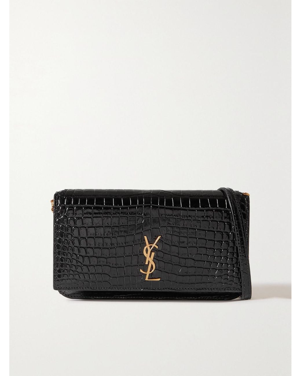 Saint Laurent Black Cassandre Strap Glossed Croc-Effect Leather Phone Case