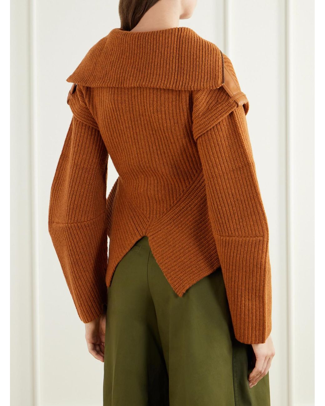 Zimmermann Brown Valiant Leather-Trimmed Ribbed-Knit Wool-Blend Cardigan