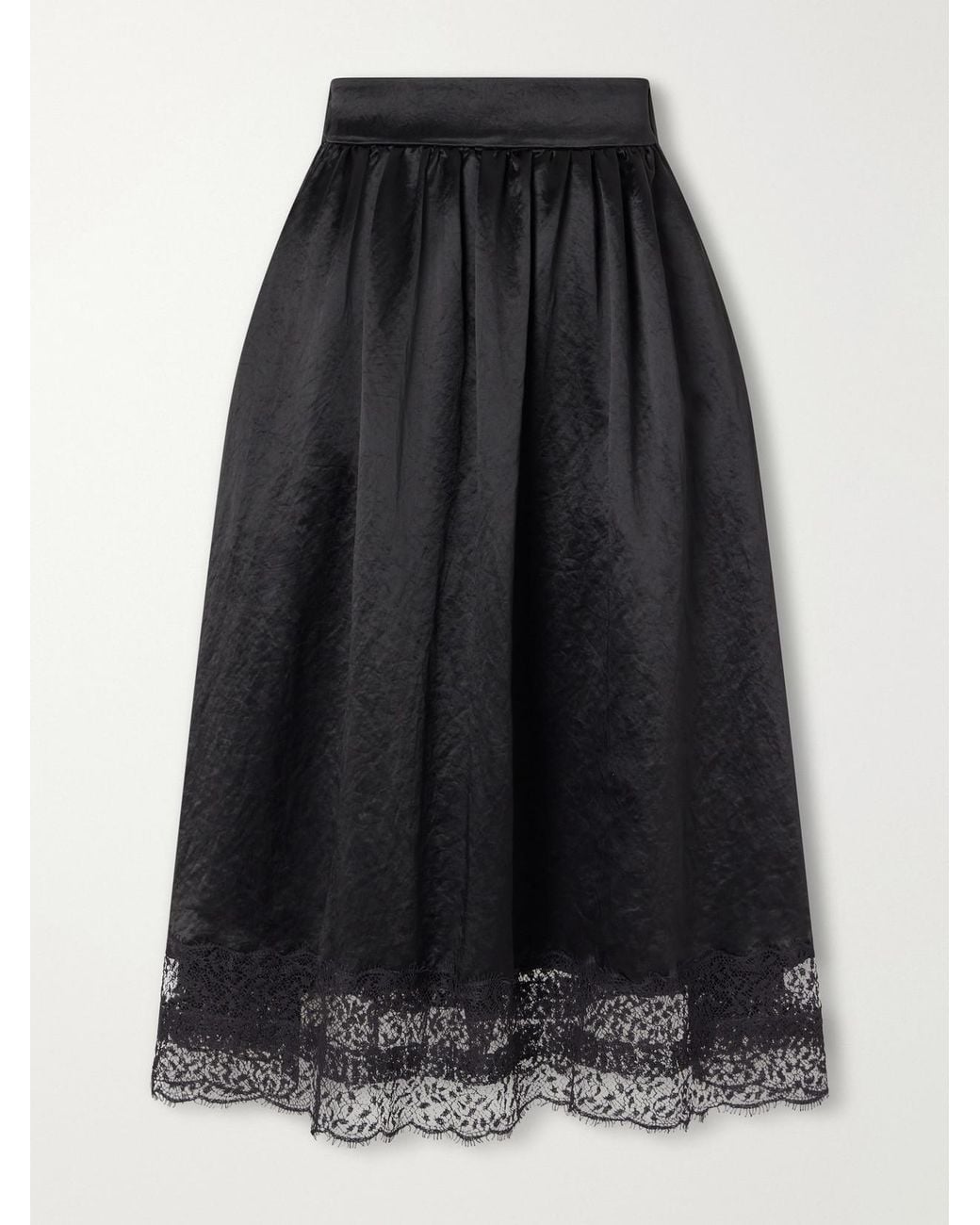 Maria McManus Black Gathered Lace-Trimmed Crinkled Satin Midi Skirt