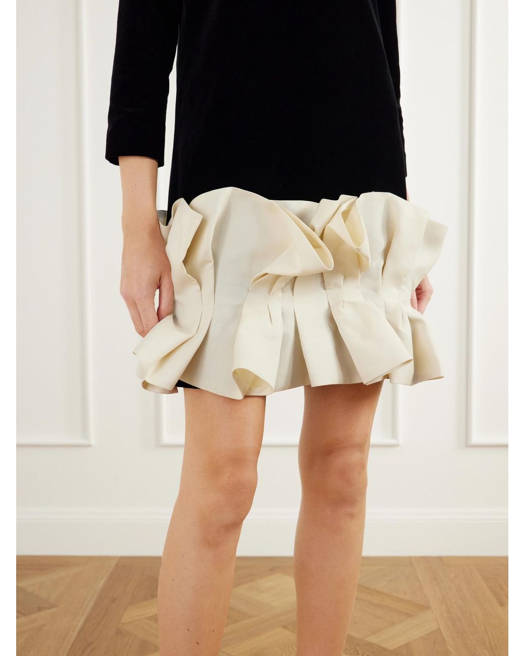 Khaite Black Valetta Two-Tone Ruffled Cotton-Velvet Mini Dress