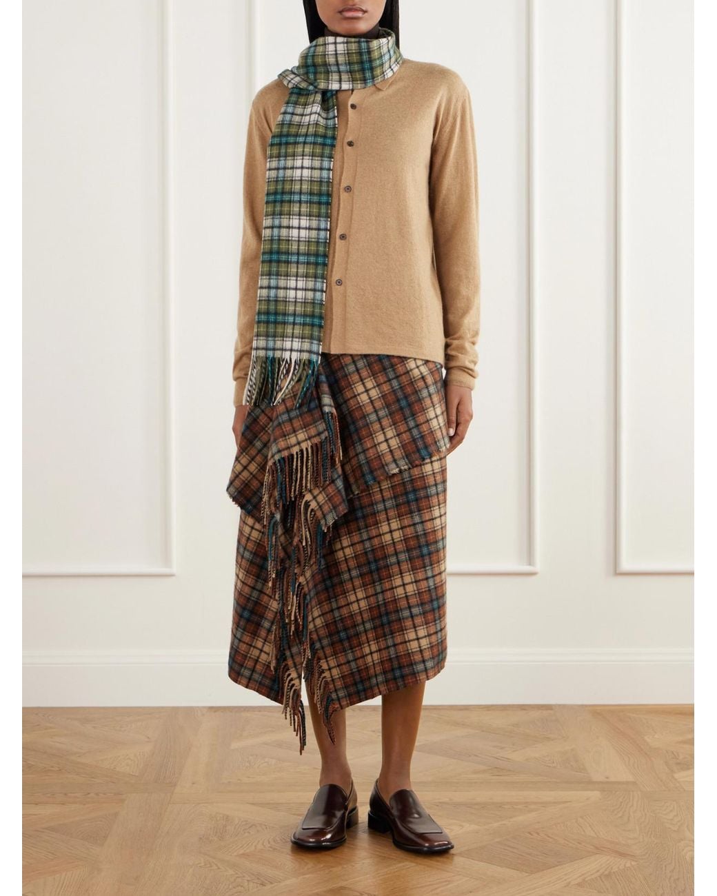 Auralee Multicolor Asymmetric Fringed Checked Cashmere Wrap Midi Skirt