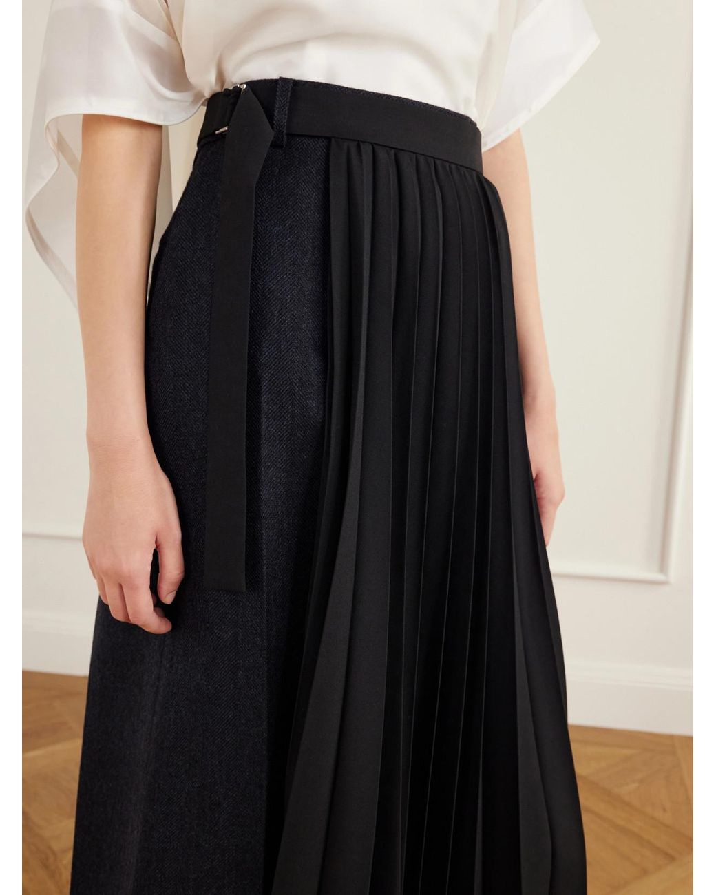 Sacai Black Pleated Herringbone Wool-Blend Midi Skirt