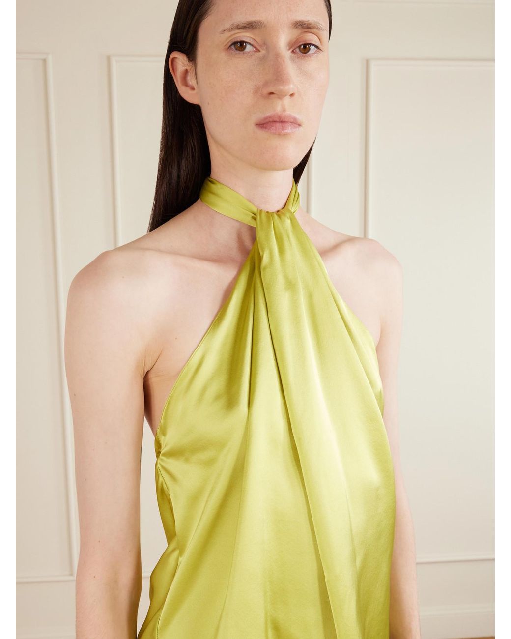 Aflalo Yellow Safira Silk-Satin Halterneck Top