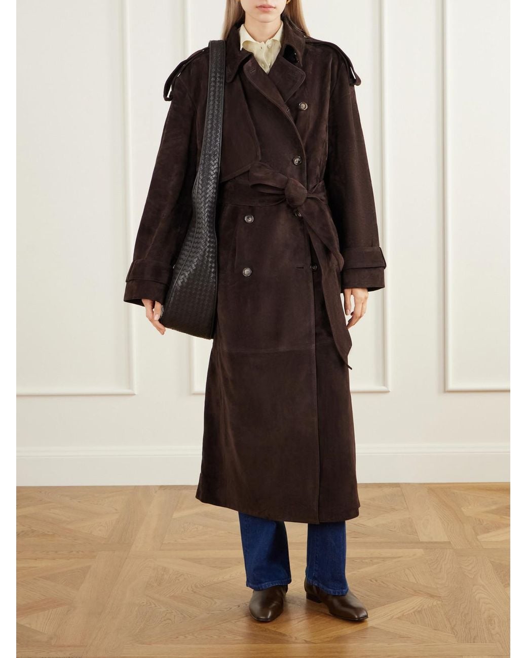 Almala Brown Sienna Paneled Suede Trench Coat