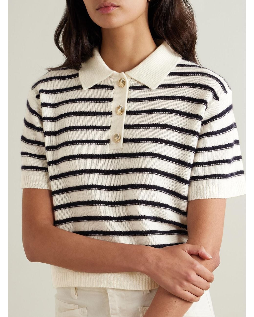 Allude Gray Striped Wool And Cashmere-Blend Polo Sweater