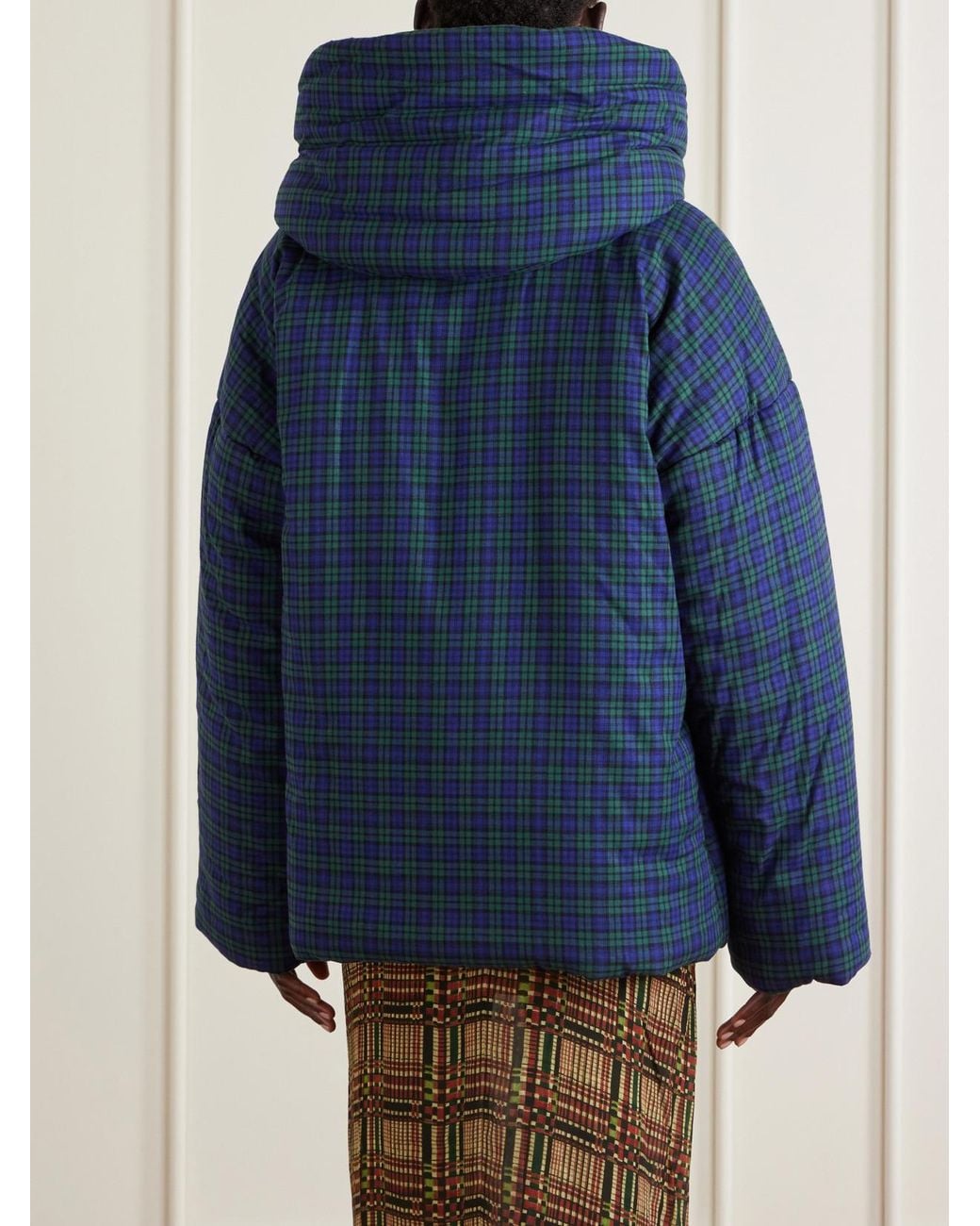 Dries Van Noten Blue Hooded Checked Padded Cotton-Flannel Jacket