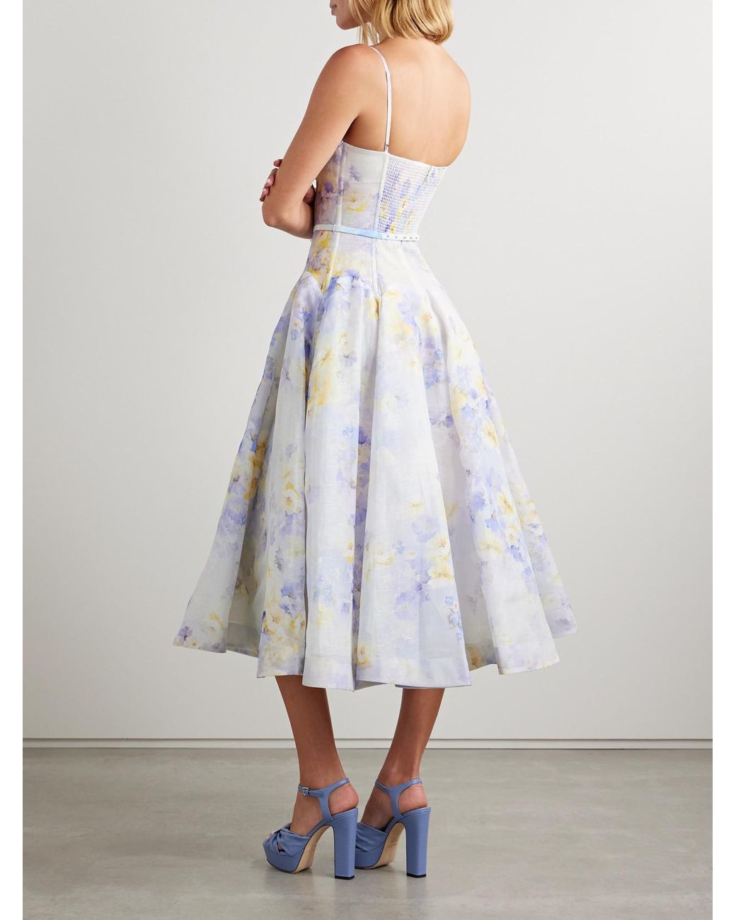 Zimmermann Crush Belted Twist-Front Embellished Floral-Print Linen And  Silk-Blend Organza Midi Dress in White | Lyst