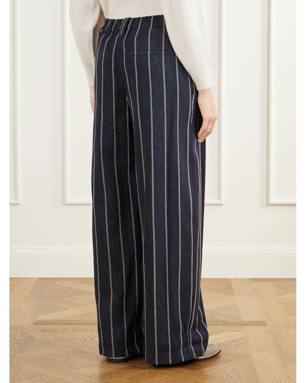 Brunello Cucinelli Blue Pleated Pinstriped Cotton-Blend Twill Wide-Leg Pants