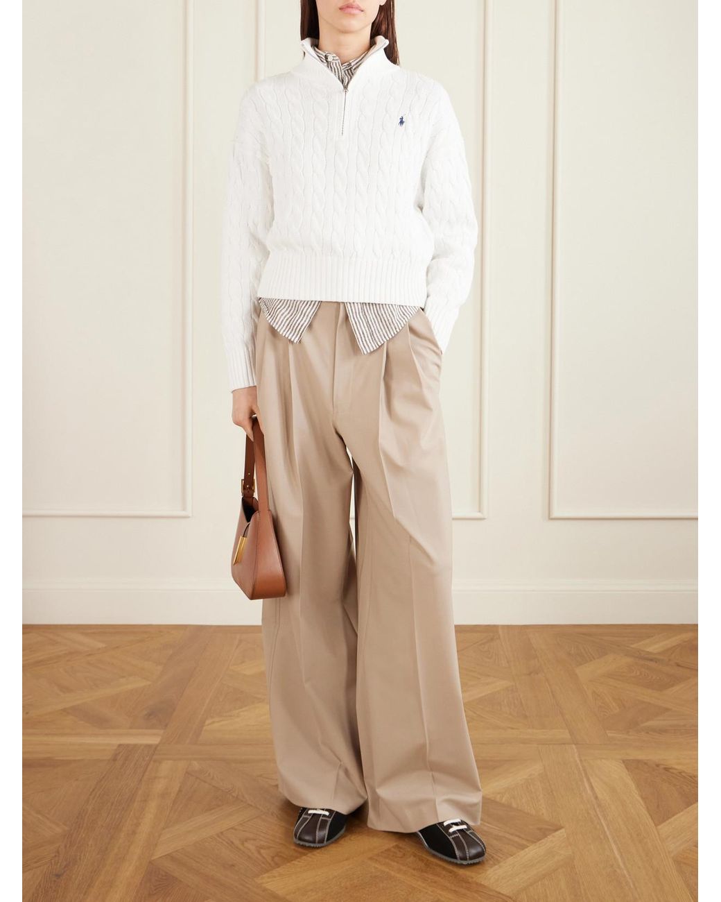 Polo Ralph Lauren White Embroidered Cable-Knit Cotton Half-Zip Sweater