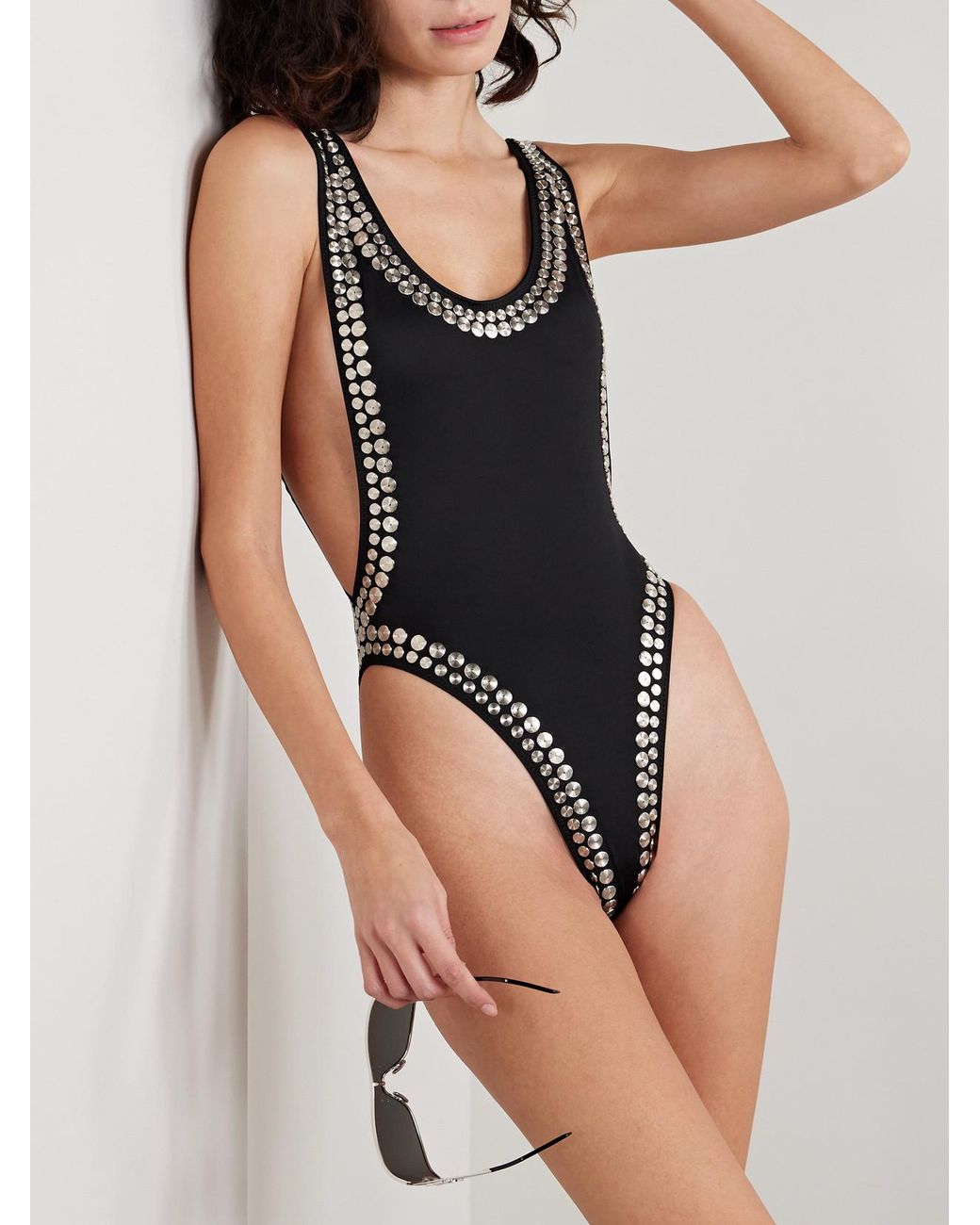 Maillot De Bain Une Pièce Norma Kamali Noir Argenté Clouté - Taille M, Occasion Parfait état