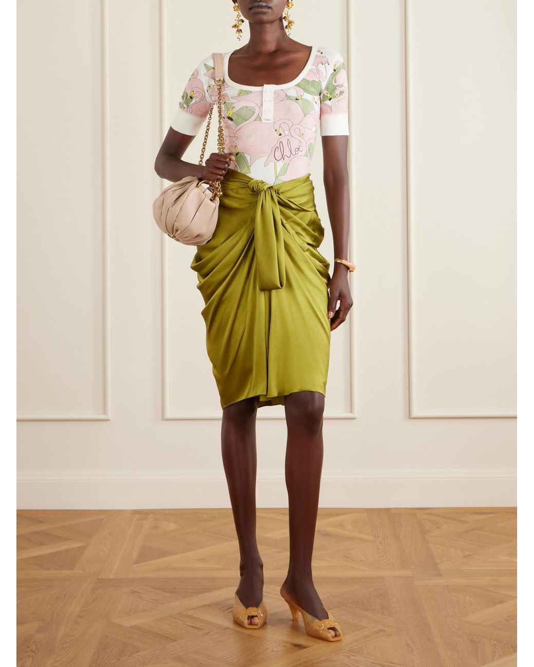 Chloé Green Twist-Front Silk-Crepe De Chine Midi Skirt