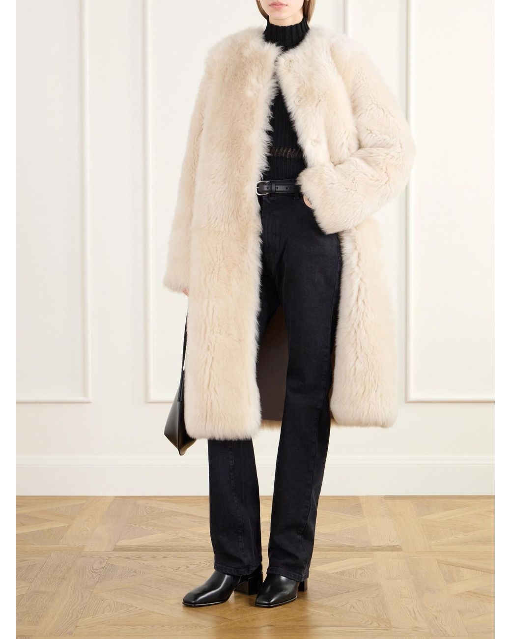 Almala Natural Gemma Collarless Paneled Shearling Coat